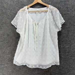 B Blouse Women L Large White Polka Dot Embroidered Tasseled Short Sleeve Casual
